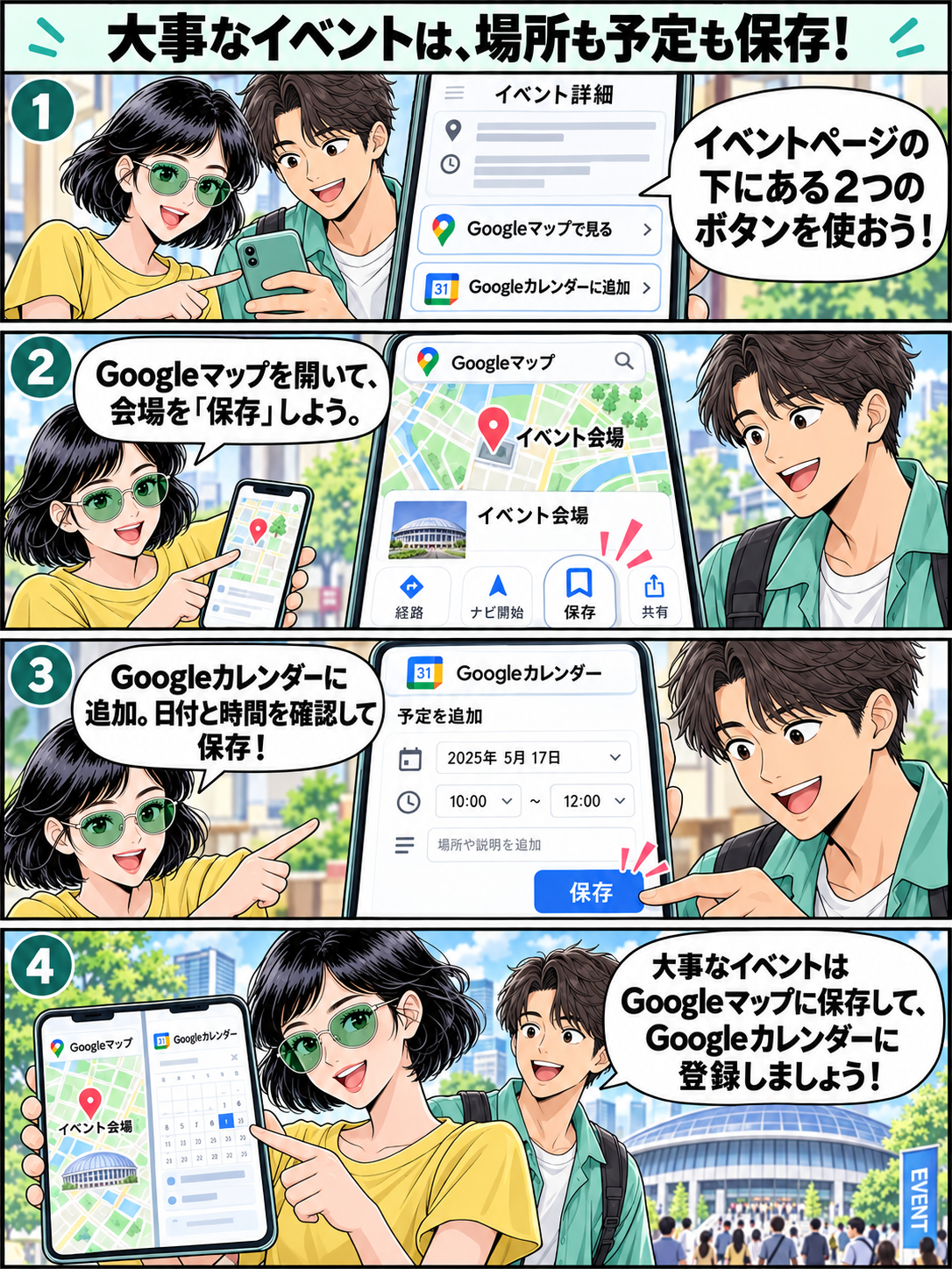 4コマ漫画:Googleマップで会場を保存し、Googleカレンダーで予定を確認して登録する